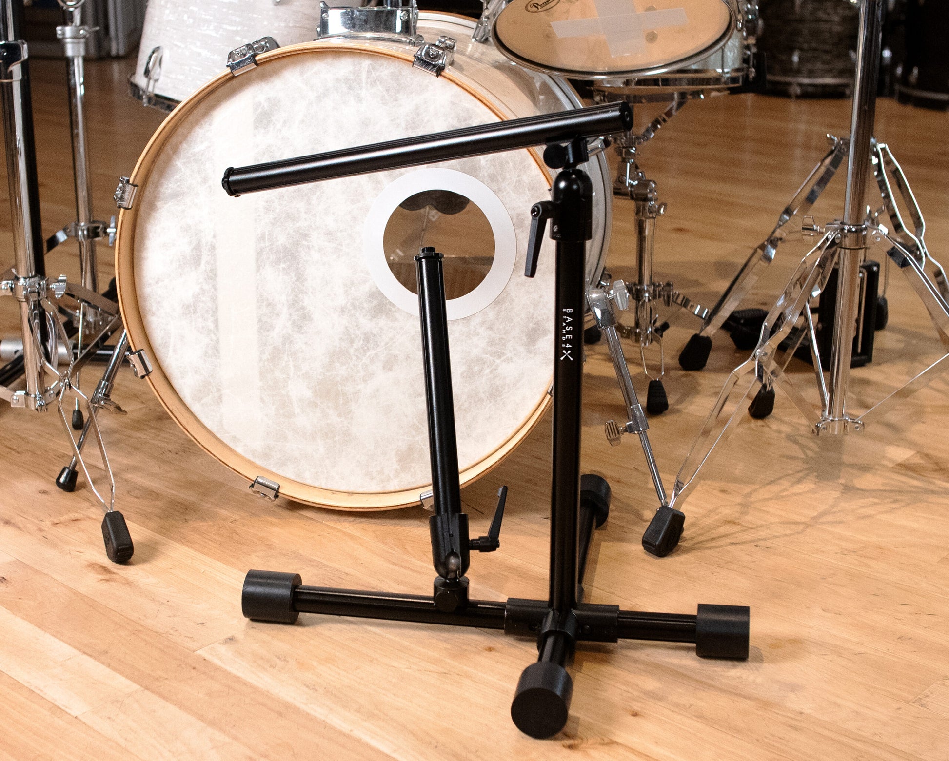 Base 4 Stands Shorty Double Mic Kit on a kick drum